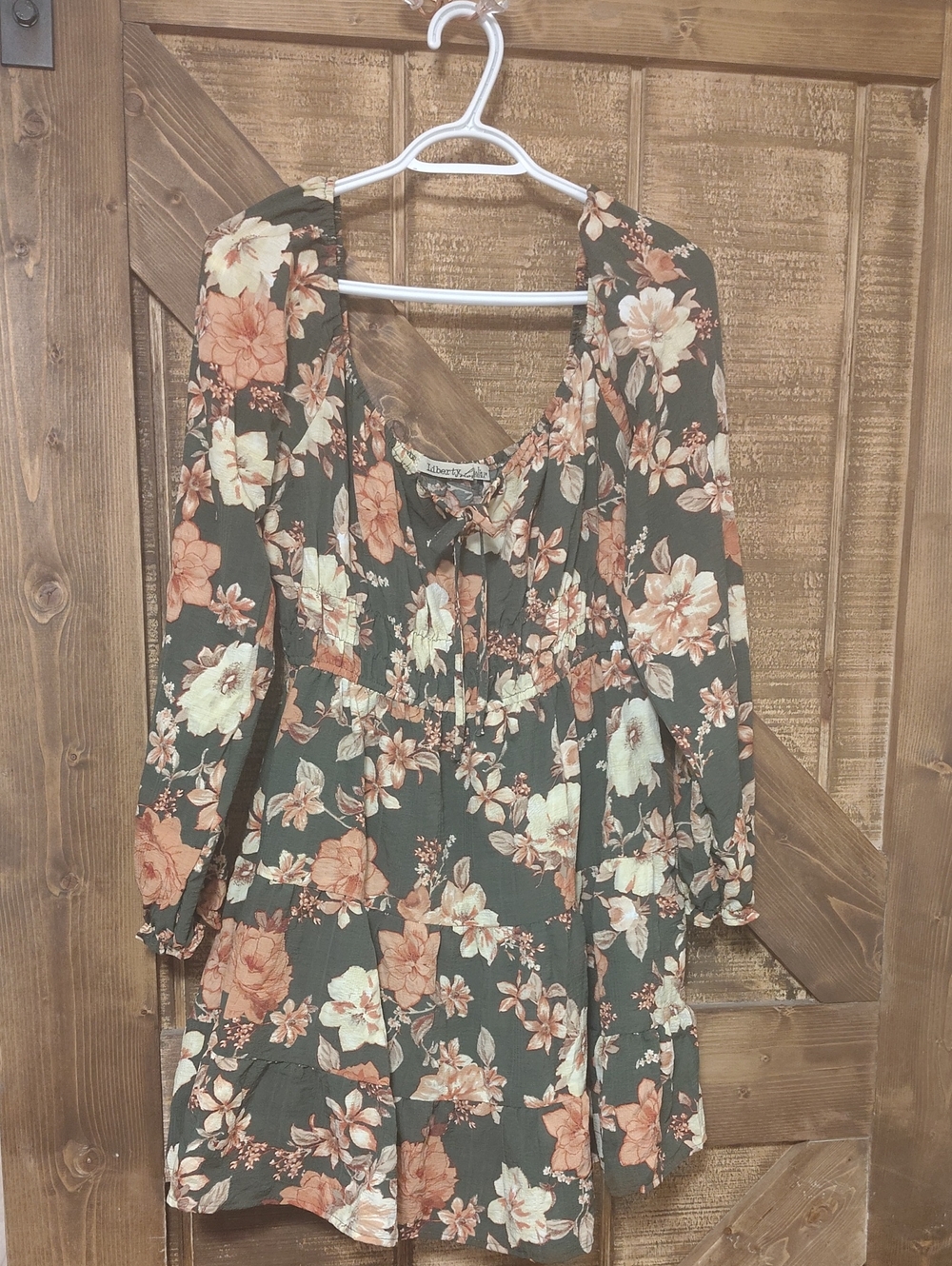 Floral Peasant Dress with Tie Neck - Green/Peach